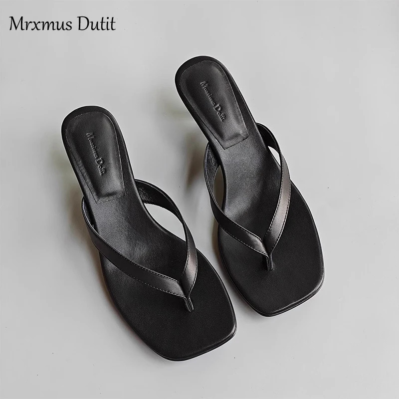 Mrxmus Dutit 2024 Summer Fashion Genuine Leather Square Head Flip Flops Women Simple Casual Mid Heel Shoes Female Chic 241115
