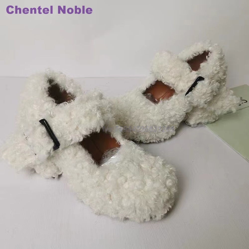 Fur Straps Chunky Sweet Square Toe Novelty Autumn Women Pumps Cute Runway Shallow Design Red White Black Party Shoes