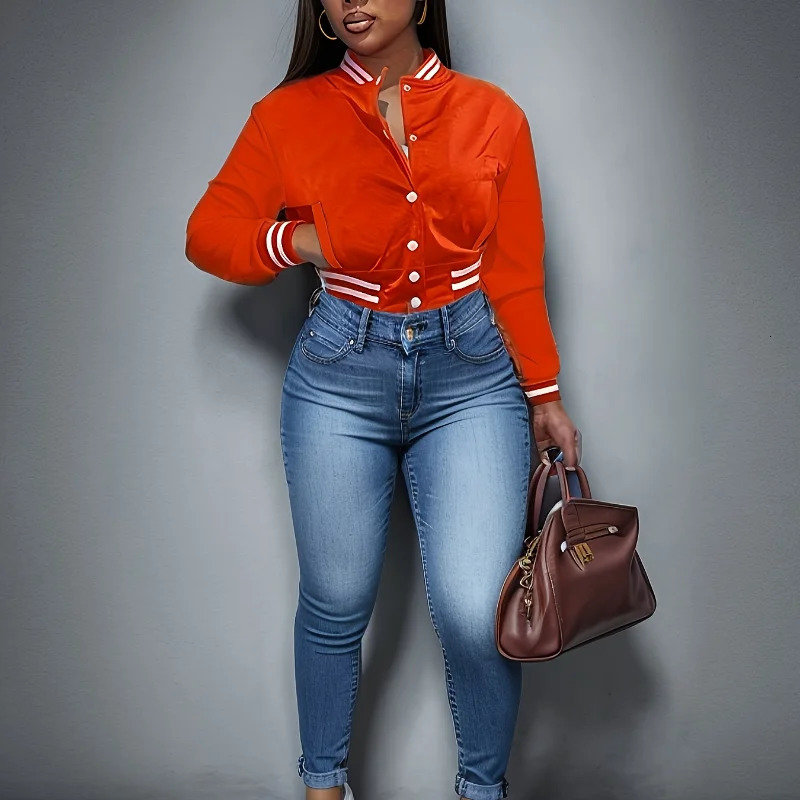 Spring and Autumn European and N Womens Pure Color Jacket Single-breasted Baseball Jacket 241114
