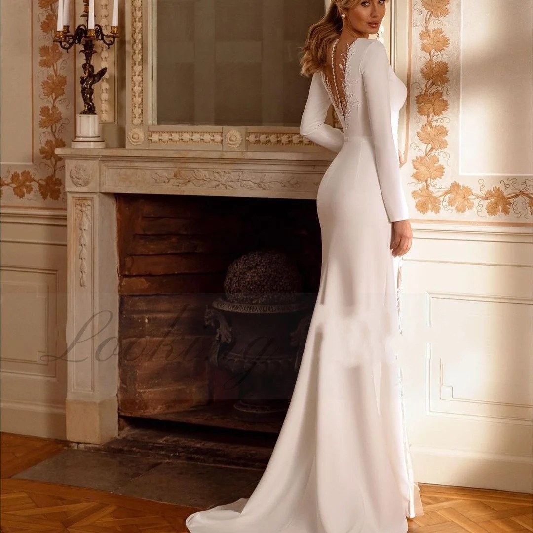 2025 Elegant Morden Wedding Dress Lace Beading Satin Full Sleeve Side Splt Button Open Back Bridal Bride Gowns Vestido De Novias Mariage