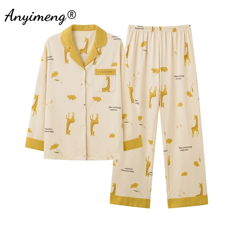 Cute rabbit printed pajamas for autumn and winter womens cotton sleepwear long sleeved sleepwear for womens open top sleepwear lapel Japanese sleepwea
