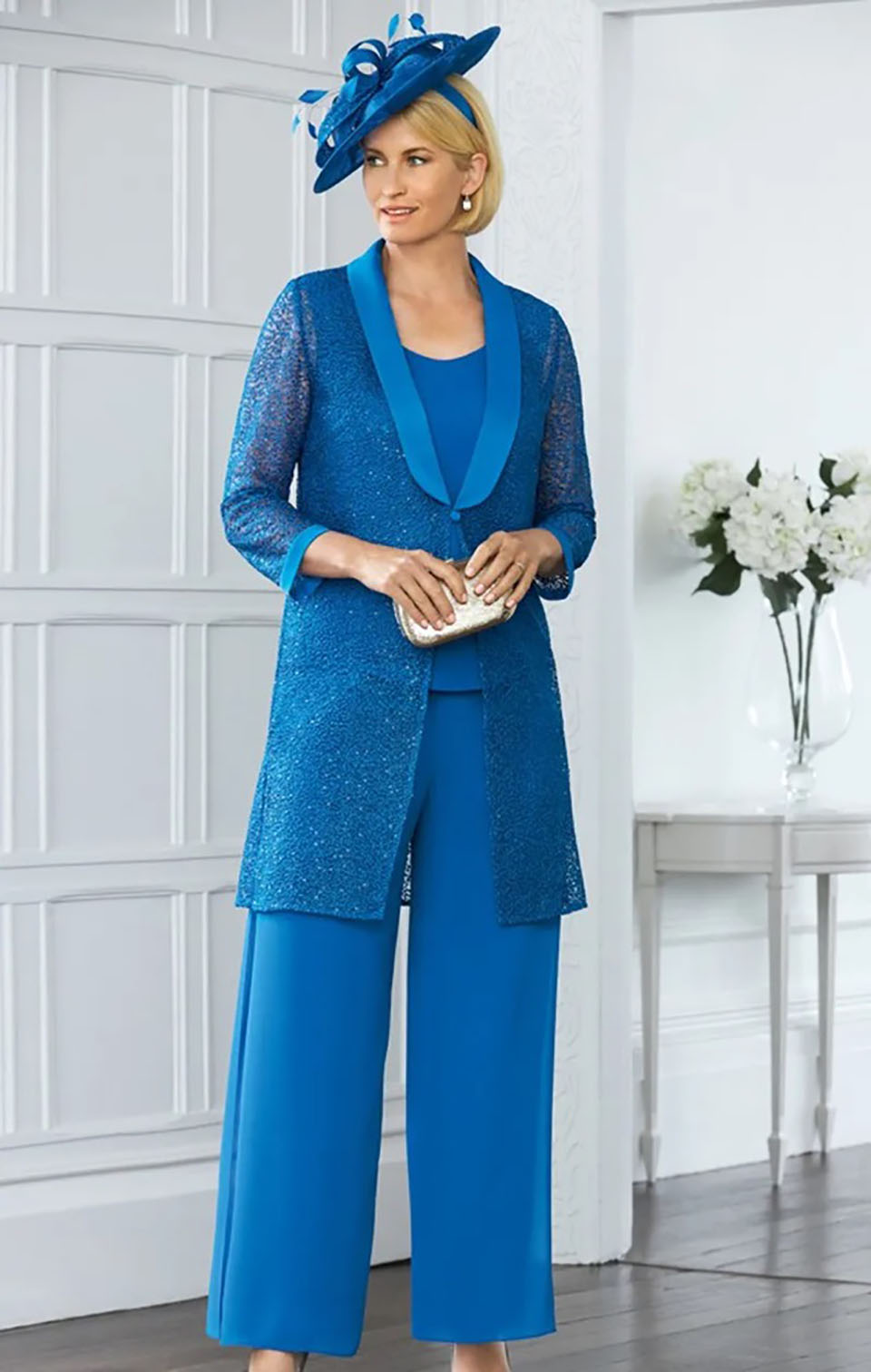 Mother Of The Bride Pant Suits Jewel Neck Long Sleeves Jacket Wedding Guest Dress Chiffon Plus Size Mothers Groom Dresses