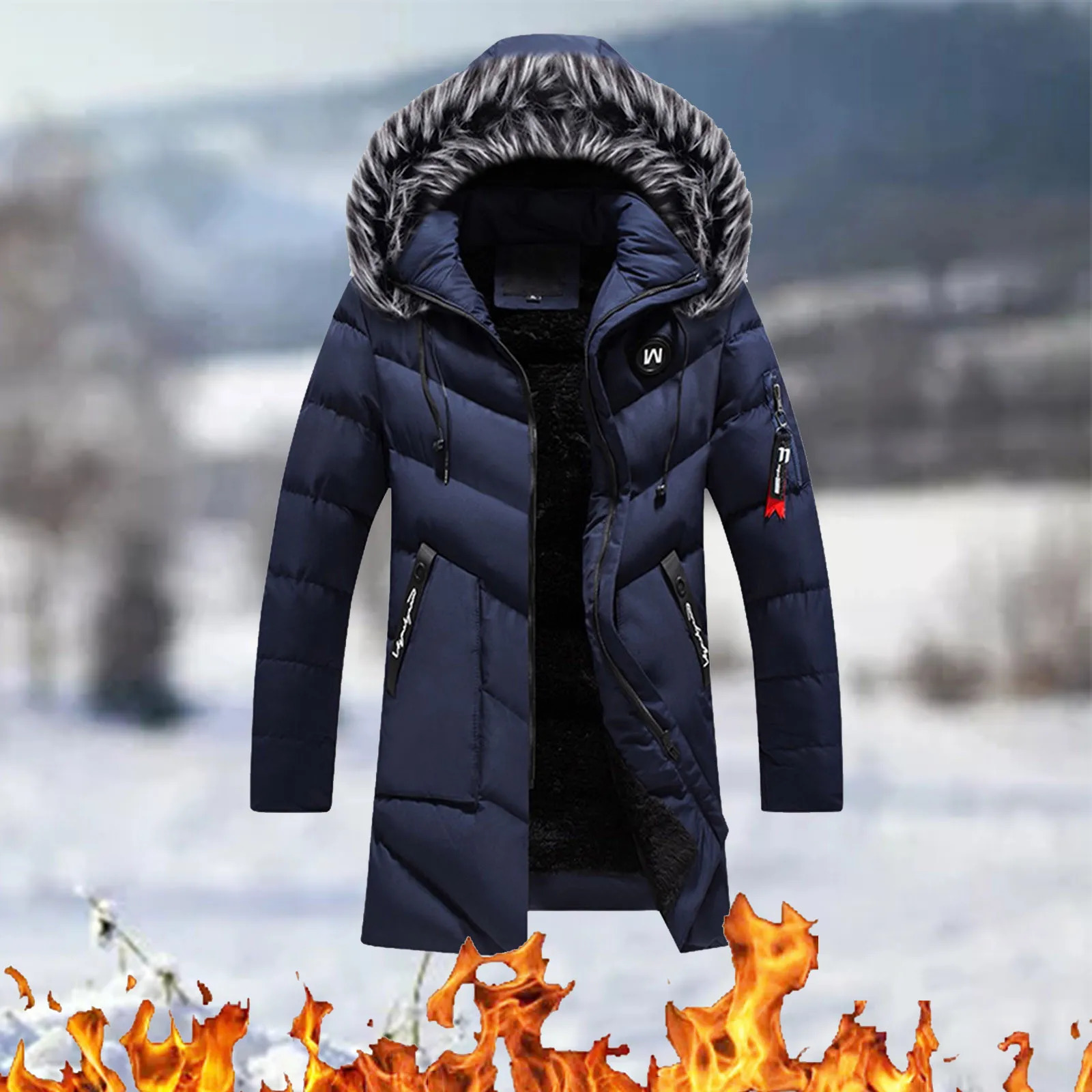 Mens Windbreaker Thick Fleece Winter Jacket Fashion Fur Hooded Warm Parka Male Solid Outwear Coats Plus Size 241115