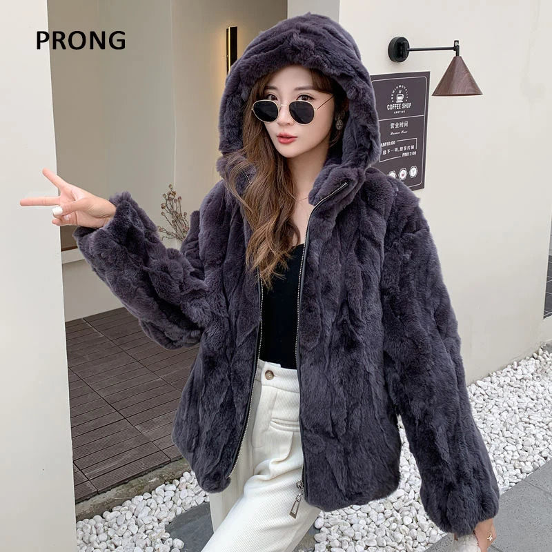 100 Real Rabbit Fur Coat Women Winter Loose Hooded Zipper Natural Fur Jacket Thick Warm Woman Clothing Female Furry Outerwears 241115