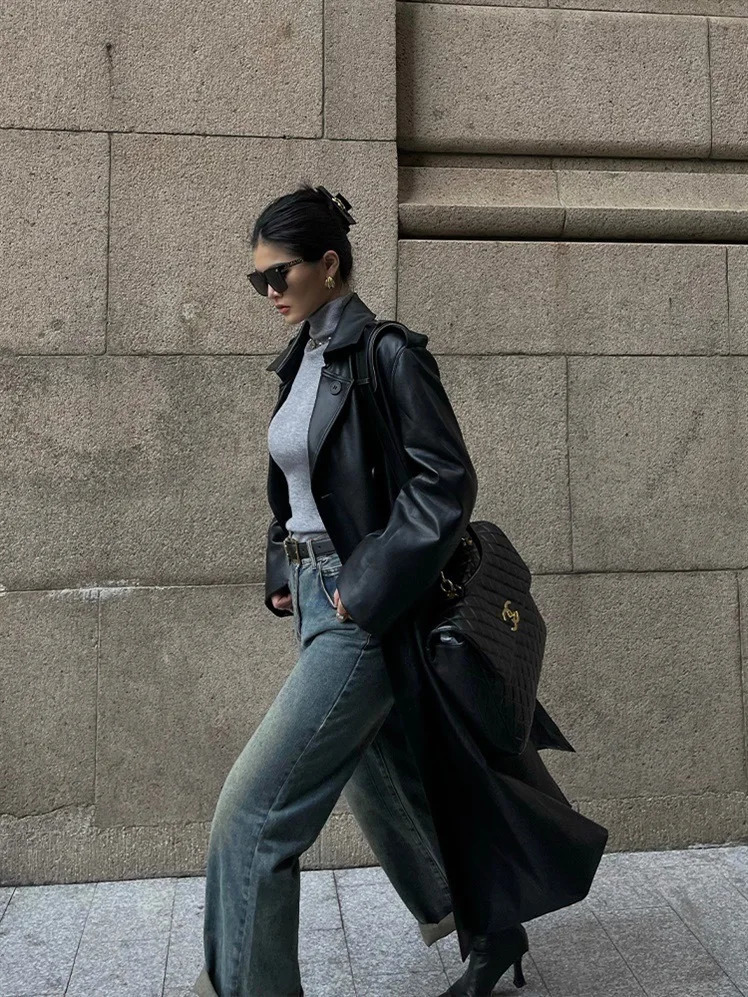 Women Faux PU Leather Coats Turn Down Collar Black High Waist Lace Up Long Jackets Casual Elegant Y2k Maxi Loose Windbreak 241115