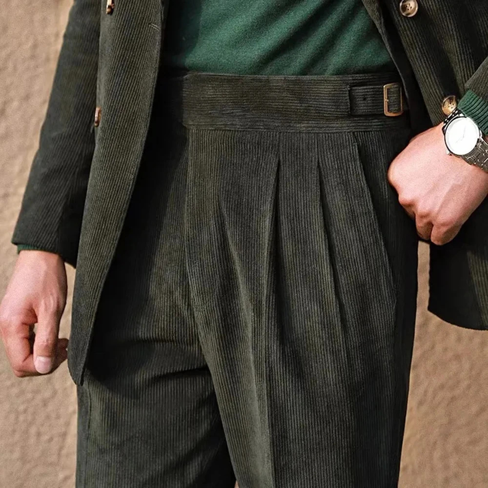 Mens Gurkha Trouser Corduroy Side Buckle Adjustable Waist Casual Set Pants Autumn Business Full Straight Wear 241115