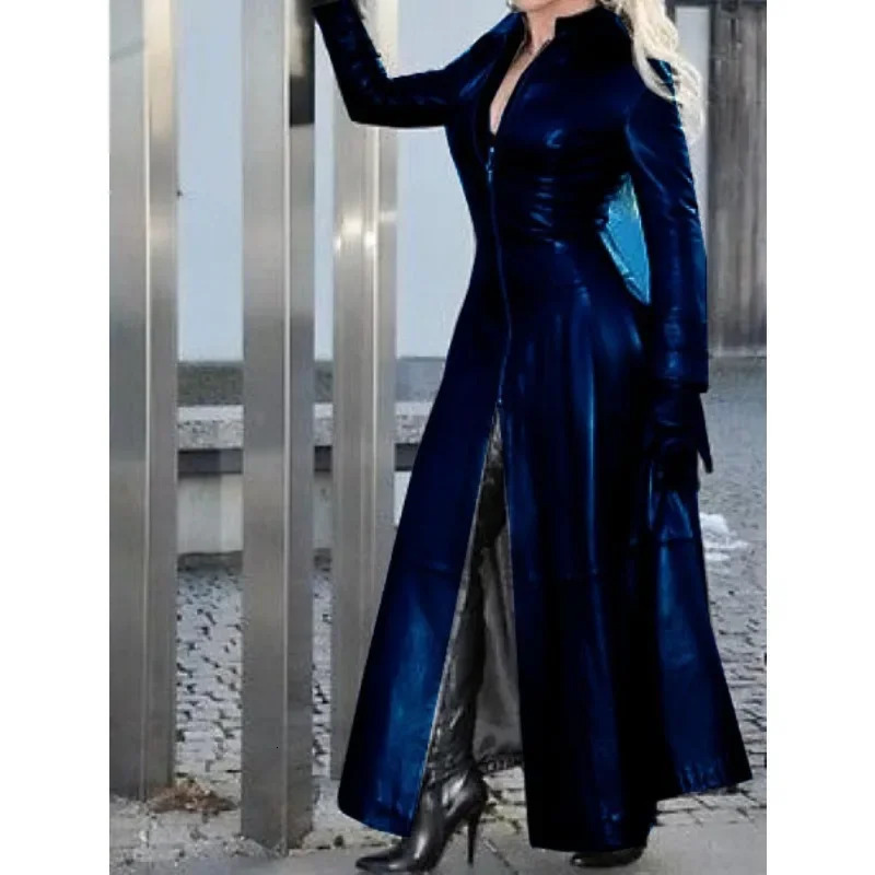 Womens SlimFit Zipper Split Large Coat Autumn Winter Faux Leather Trench Long Sleeve Stand Collar PU 241115
