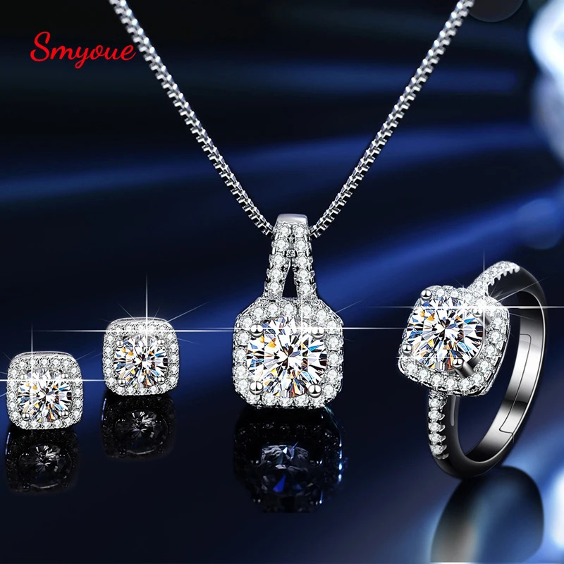 Smyoue S925 Pure Silver Set Womens D-Color Ring Necklace Earrings Wedding Diamond Ring Jewelry Gifts 241115