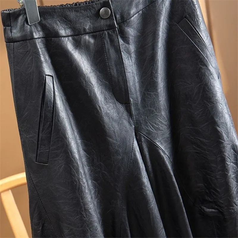 Limiguyue Street Wear Black PU Leather Pants Womens Pocket Elastic Waist Light Retro Autumn Winter Ankle Length Trouser E343 241115