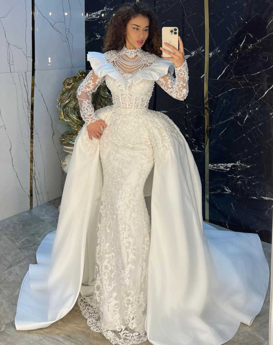 Vintage Mermaid Wedding Dresses Pearls Appliques Bride Gowns with Detachable Train Lace Custom Made Long Sleeves Bridal Vestido de novia