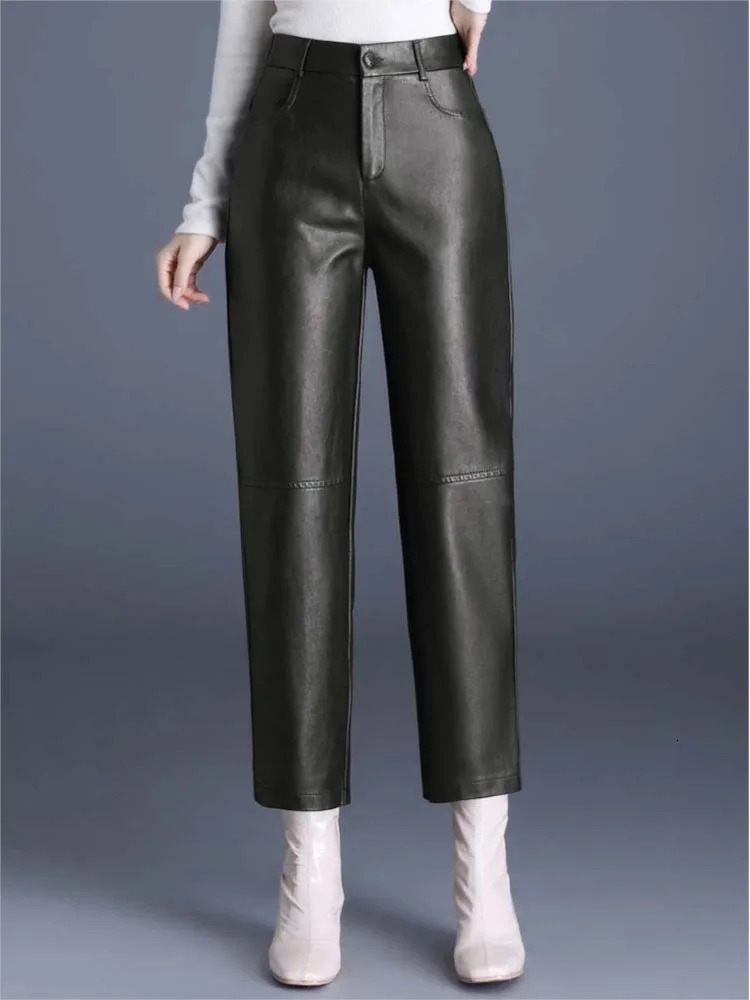 ZUZK Womens PU Leather Pencil Pants High Quality Autumn Winter Elastic Waist Warm Ankle Elegant Trousers 241115
