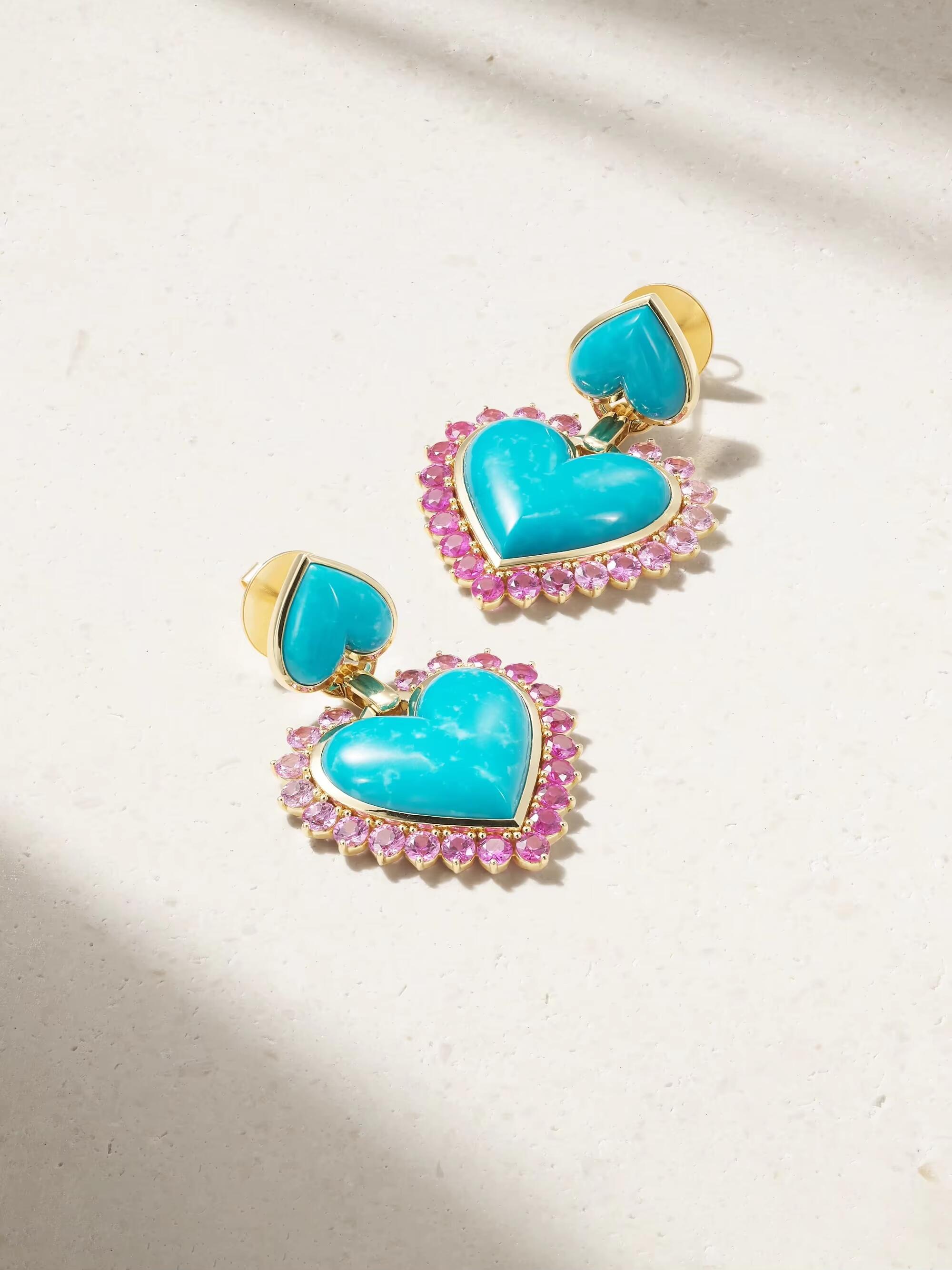 Gold Color Pink Cubic Zirconia Double Turquoises Heart Shaped Stone Big Women Dangle Drop Charm Earring 9f5c