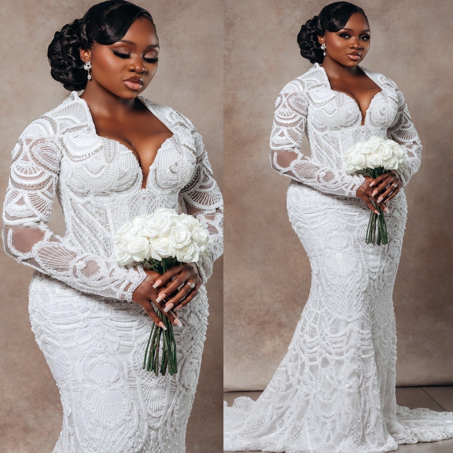 2024 Arabic Aso Ebi Plus Size White Mermaid Wedding Dresses Crystals Beaded Lace Full Sleeves Luxurious Vintage Bridal Gowns Dress For Bride