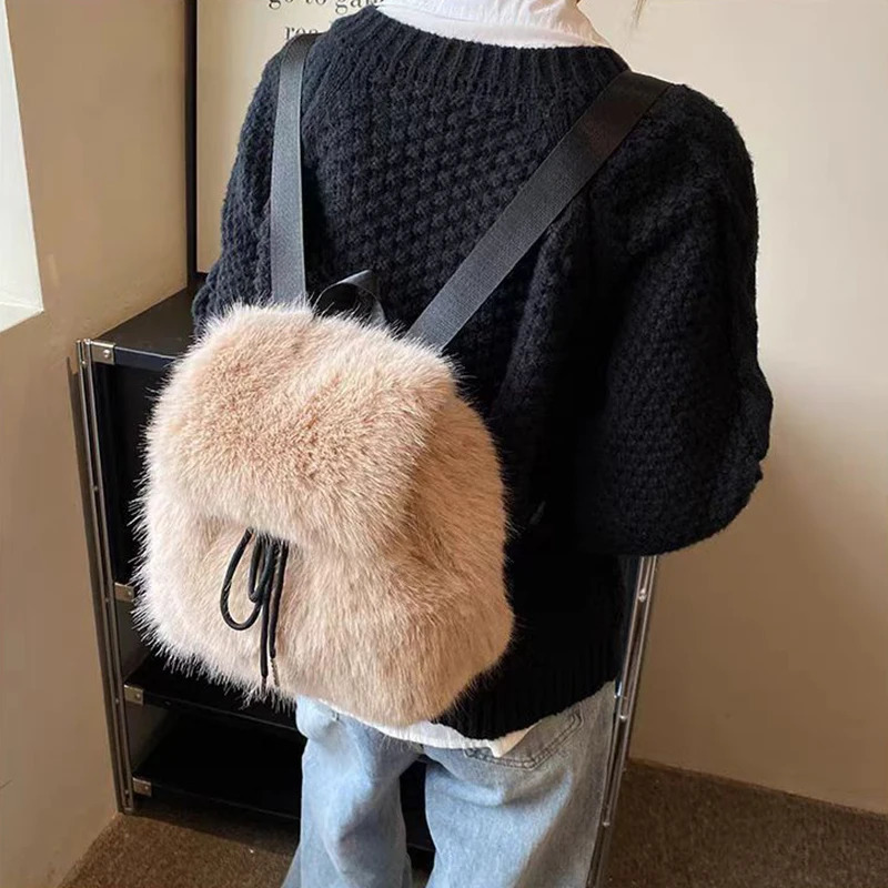 Plush Backpack Women Small Cute Drawstring Fluffy Bag Solid Soft Fleece Knapsack Winter Warm Fox Fur Mini Rucksack Sac 241114