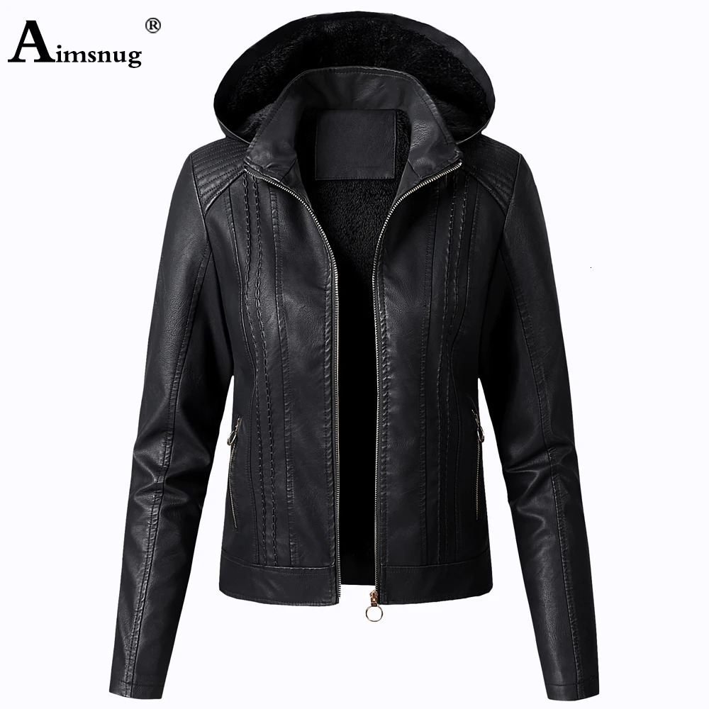 Women Faux Pu Leather Jackets Autumn Winter Hooded Outerwear Pockets Zipper Coat Slim Biker Jacket Blue Hoodies Plus Velvet 241114