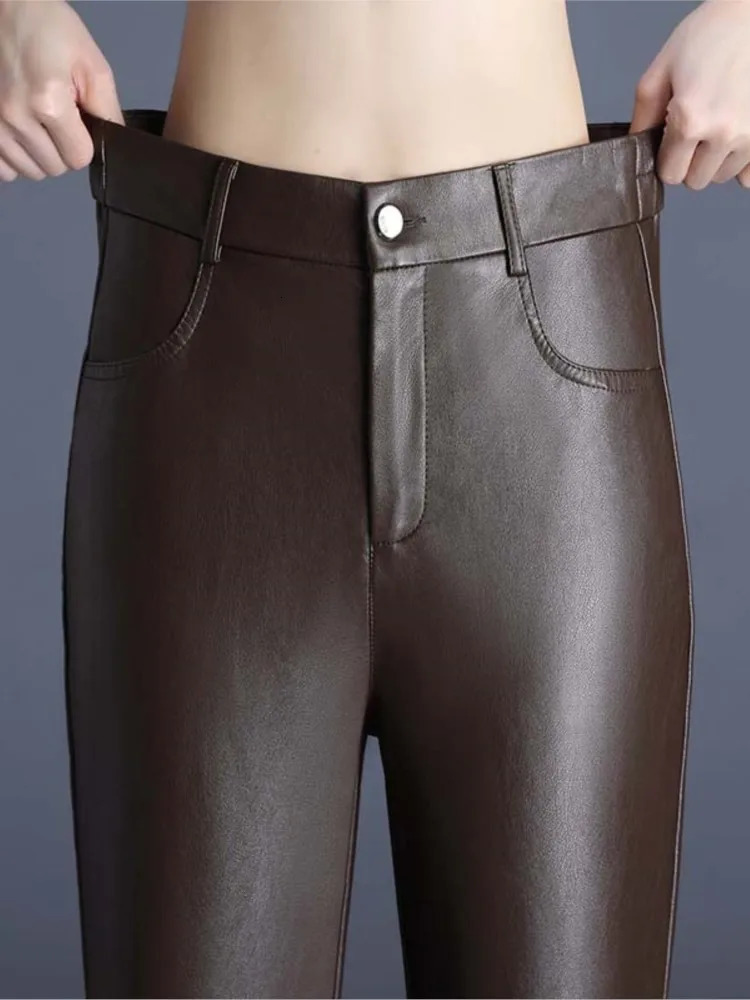 ZUZK Womens PU Leather Pencil Pants High Quality Autumn Winter Elastic Waist Warm Ankle Elegant Trousers 241115