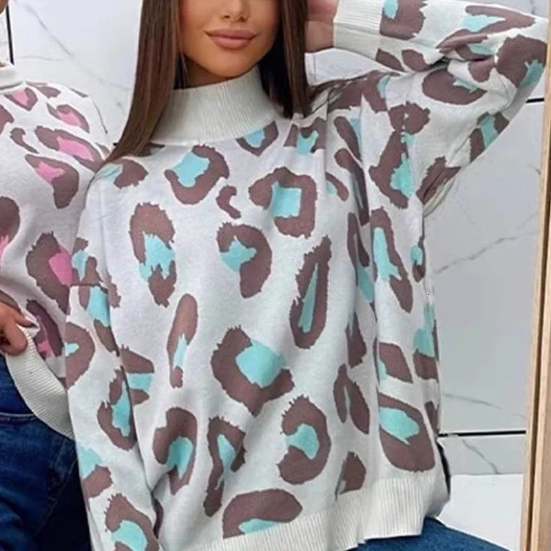 autumn and winter fashion trend French leopard print semi high neck loose fit slimming womens long sleeved sweater 241115