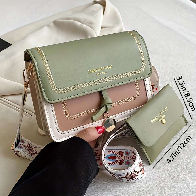 Wide Strap Fashion Flap Shoulder Bag, Women's Crossbody Purse with Buckle Decor