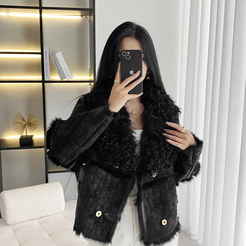 2023 Autumn And Winter Lamb Hair Collar Rex Rabbit Hair Grass Integrated Short Fashion Double breasted Real Leather Top Coat 241115