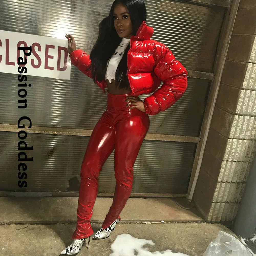 Bright PU Red Puffer Jackets for Women Warm Puffly Bubble Coats Shiny Black Leather Cropped Jackets Zipper Parkas Down Plus Size 241114