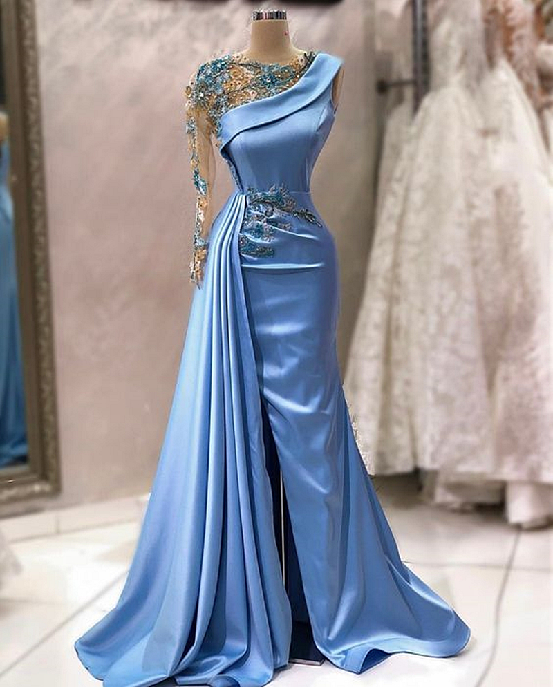 Arabic Dubai One Shoulder Mermaid Evening Dresses Side Slit Long Sleeve Sexy Sky Blue Prom Dress Lace Appliques Beaded 2024 Elegant Special Occasion G