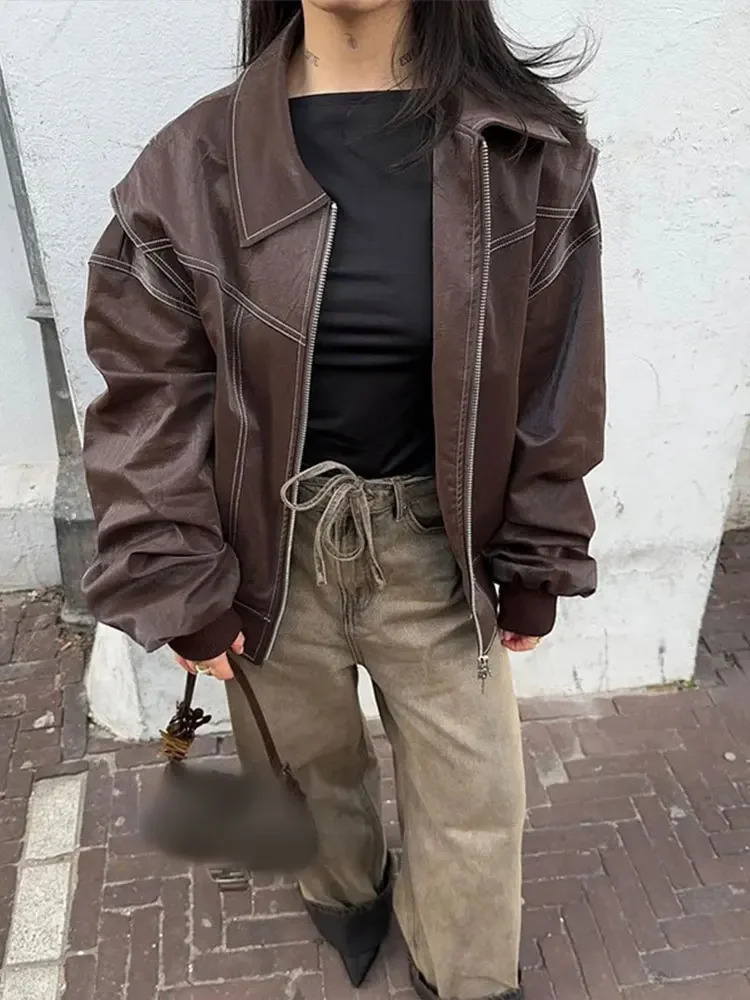 Fashion Patchwork Lapel Long Sleeve Coats Vintage Red Zipper Leather Jacket For Women 2024 Autumn Winter Female Casual Outerwear 241115