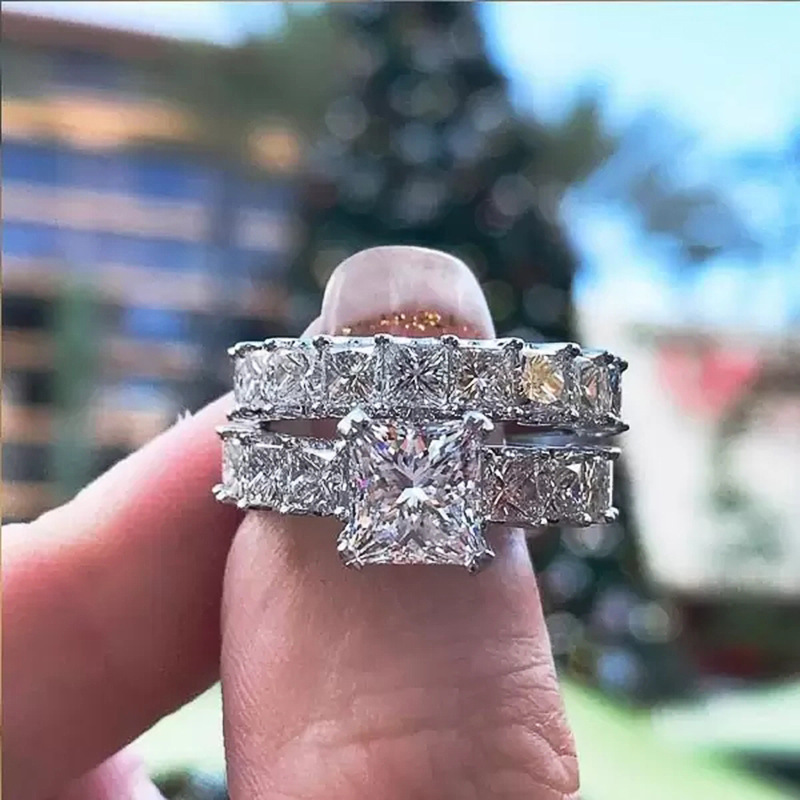 Gorgeous Stunning Wedding Rings Elegant Handmade Luxury Jewelry 925 Sterling Silver Princess Cut White Lab Moissanite Diamond Party Women Couple Brida