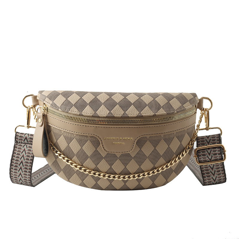 Checkerboard Plaid Fanny Pack for Women hot Fashionable Chain Waist Ladies Wide Strap Crossbody Bag PU and Canvas Brown