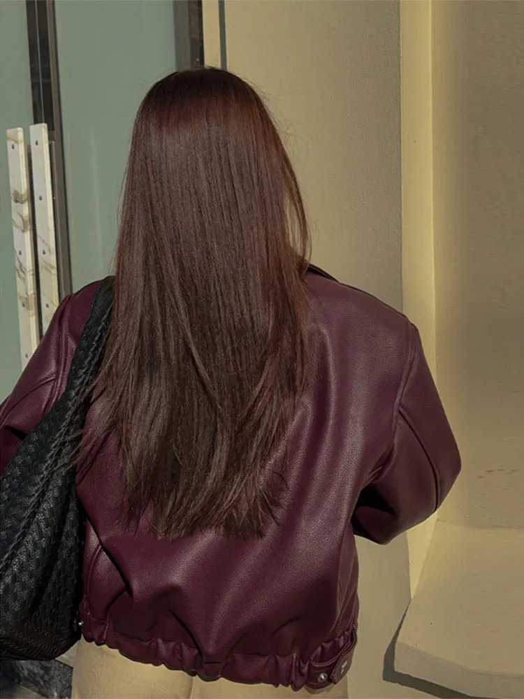 Vintage Wine Red Lapel Pu Womens Leather Jacket Zipper Chic Long Sleeved Casual Coats 2024 High Street Fashion Outerwear 241115