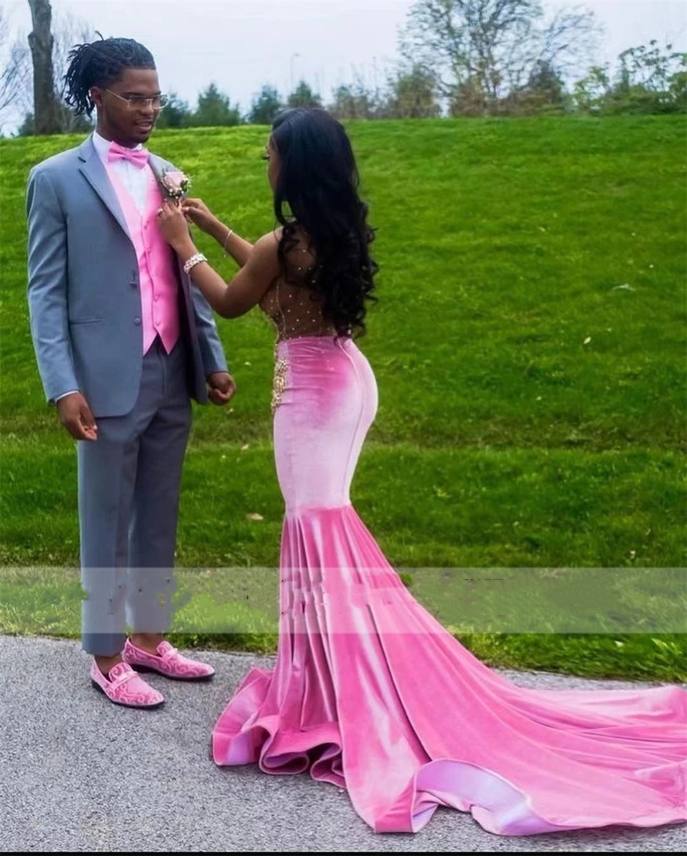 Pink Veet Golden Rhinestones Mermaid Prom Dresses 2024 For Black Girls Special Ocn Africa Wed Robe De Gala 0431