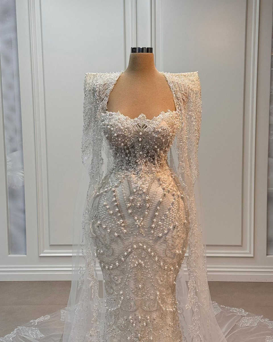 Wedding Dresses Pearls Sequins Bride Gowns With Cape Beaded Long Sleeves Custom Made Mermaid Bridal Or Length Vestido De Novia 0219