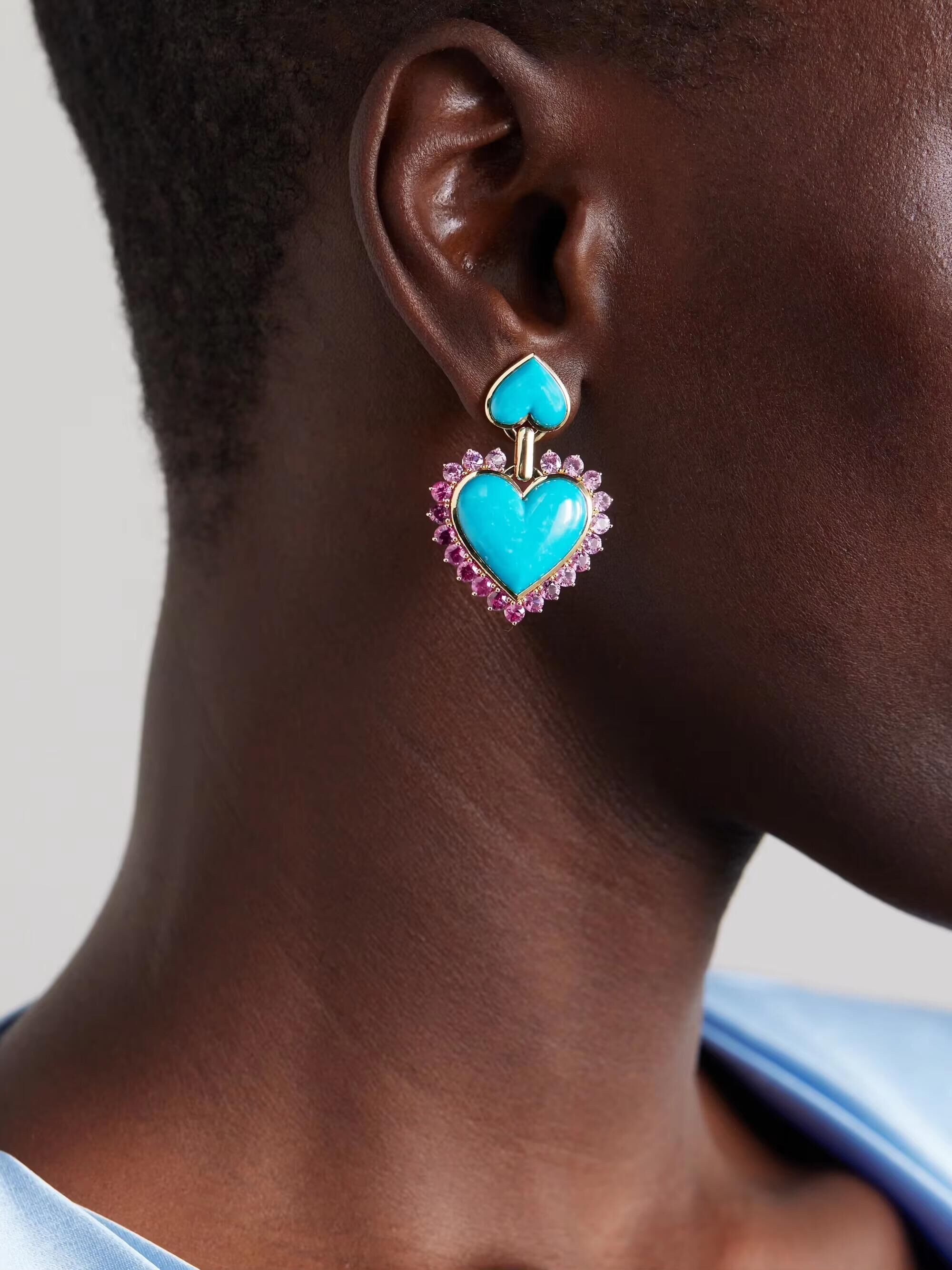 Gold Color Pink Cubic Zirconia Double Turquoises Heart Shaped Stone Big Women Dangle Drop Charm Earring 9f5c