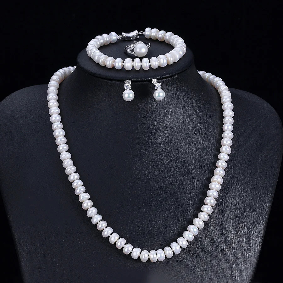 Dainashi Fashion 925 sterling silver womens wedding jewelry set real white natural freshwater pearl 7-8mm bread round 241115