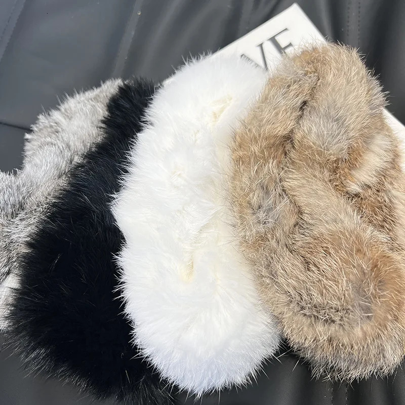 Womens Hand-Knitted Real Rabbit Fur Headband Knitted Fur Scarf Warm Empty Top Plush Hat Autumn and Winter Jewelry Accessories 241115