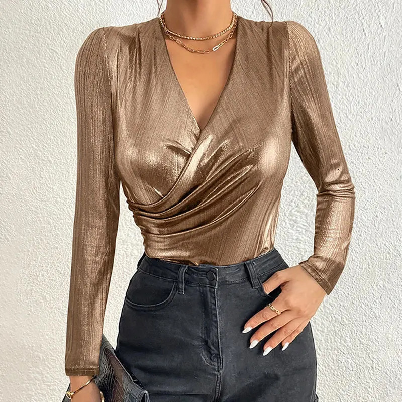 Elegant Party Style Vneck Glossy Pleated Top Summer Womens n Sense Gold Long Sleeved Tshirt 241115
