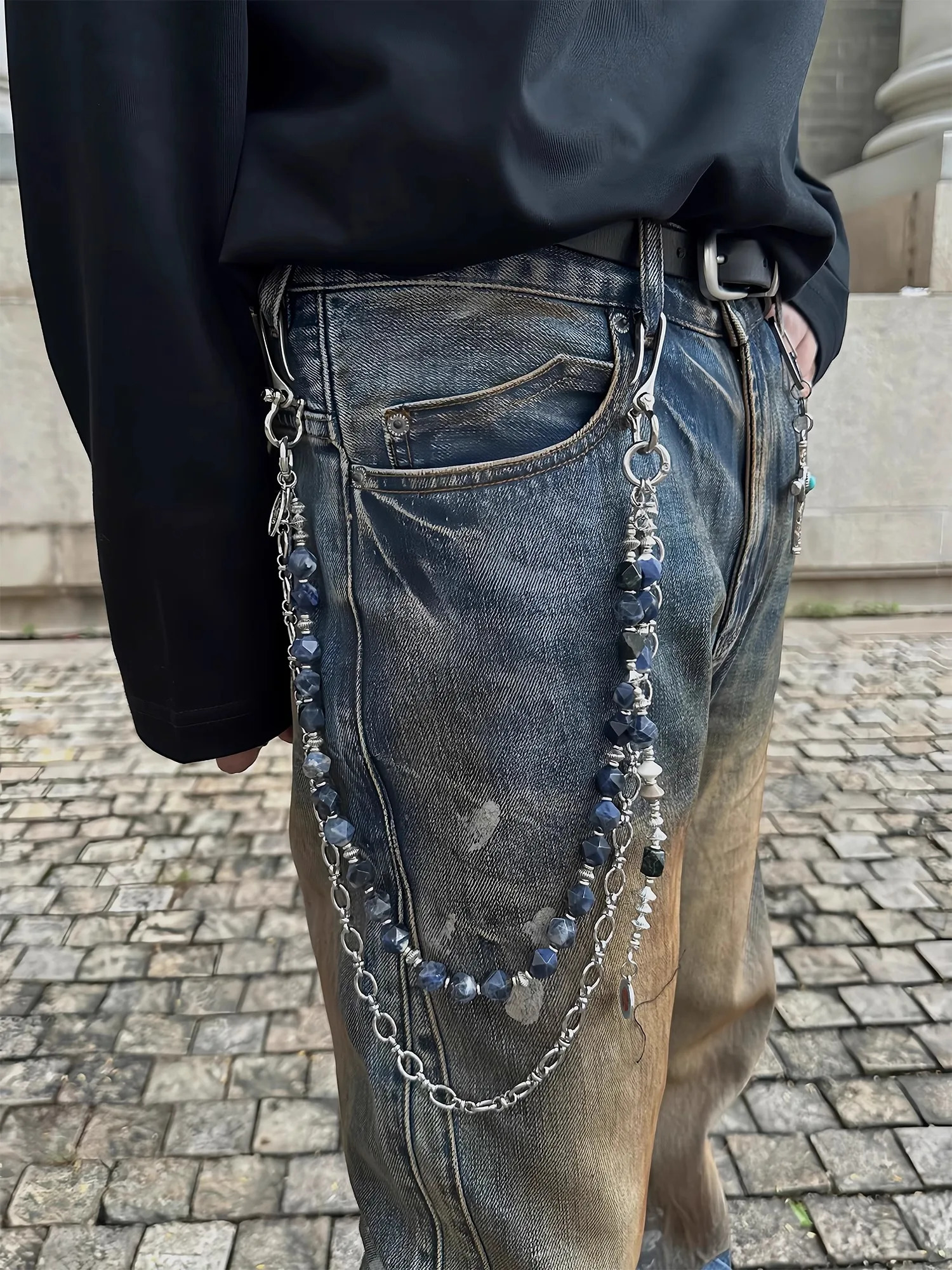 3-in-1 combination punk pants chain peacock green metal comfortable mens and womens keychain one waist accessories 241115