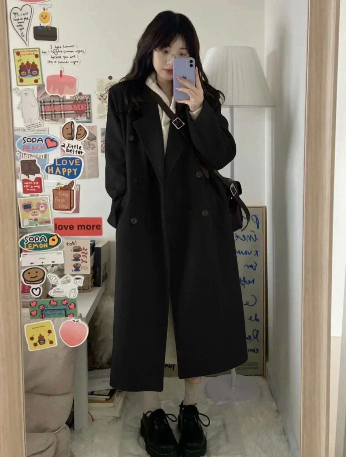 Womens medium length coat black wool jacket student jacket Korean style loose fit suitable for weight loss thick wool coat winter 241115