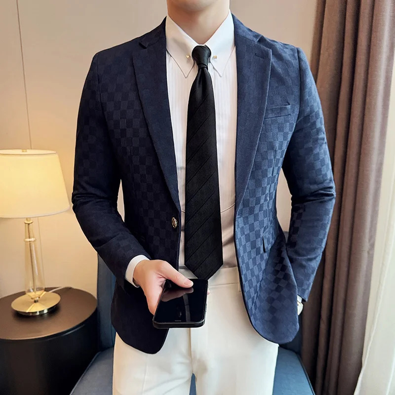 Spring Checkered Jacket Mens Single Chest Casual Business Set Jacket Fashion Ultra Thin Social Banquet Wedding Dress 241114