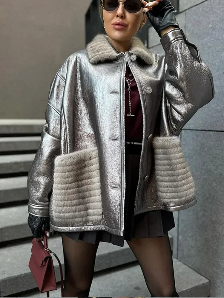 Fashion Silver Fur Flip Collar Full Sleeve Woman Warm Coat Elegant Solid Color Single Breasted Short Jacket Fall Streetwear 241115