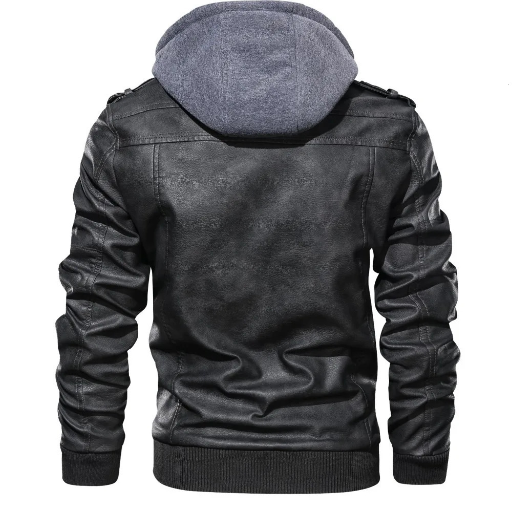 Hood Leather Jacket Streetwear Biker Coat Slim Fit Autumn Winter Mens Fur Lining Motorcycle Fashion 241115