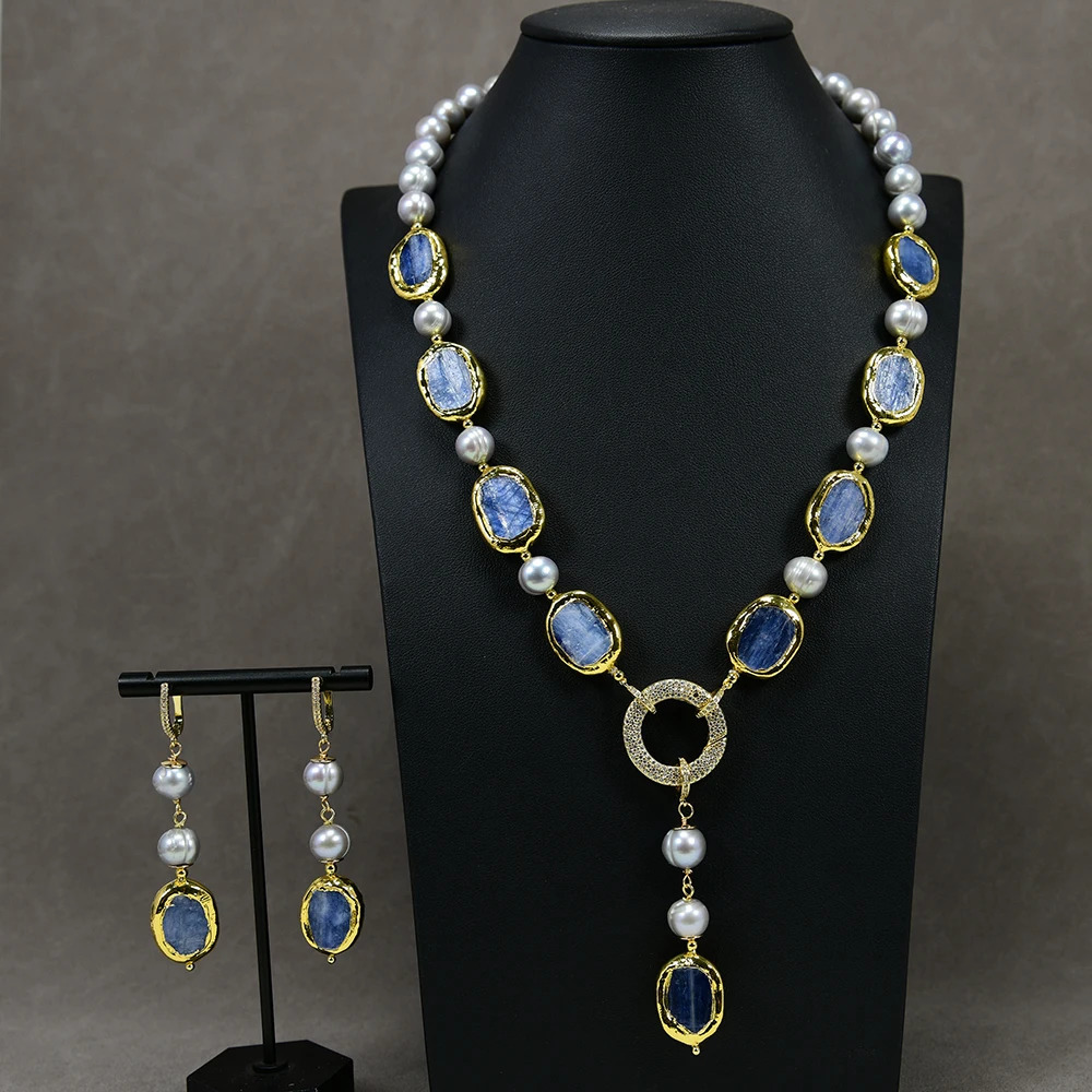 G-G Freshwater Culture Grey Potato Pearl Blue Sapphire Pendant Necklace Earring Set Simple Female Gift 241115