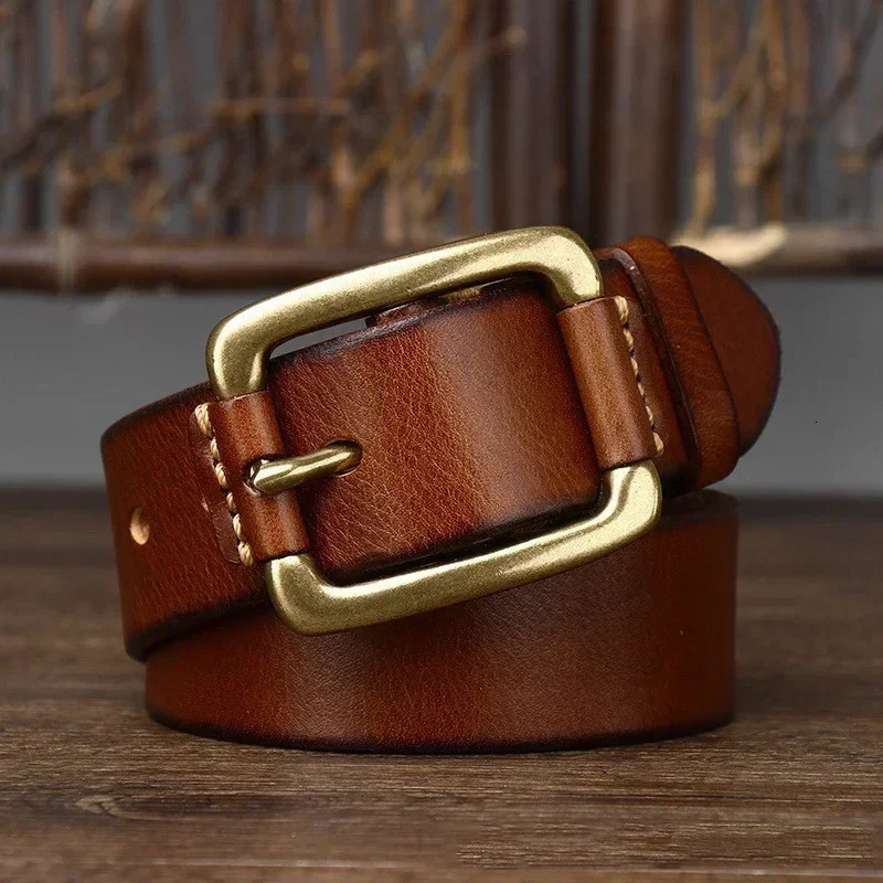 3.8CM pure denim high-quality mens leather belt mens belt mens brass buckle fancy retro jeans denim Cintos 241115