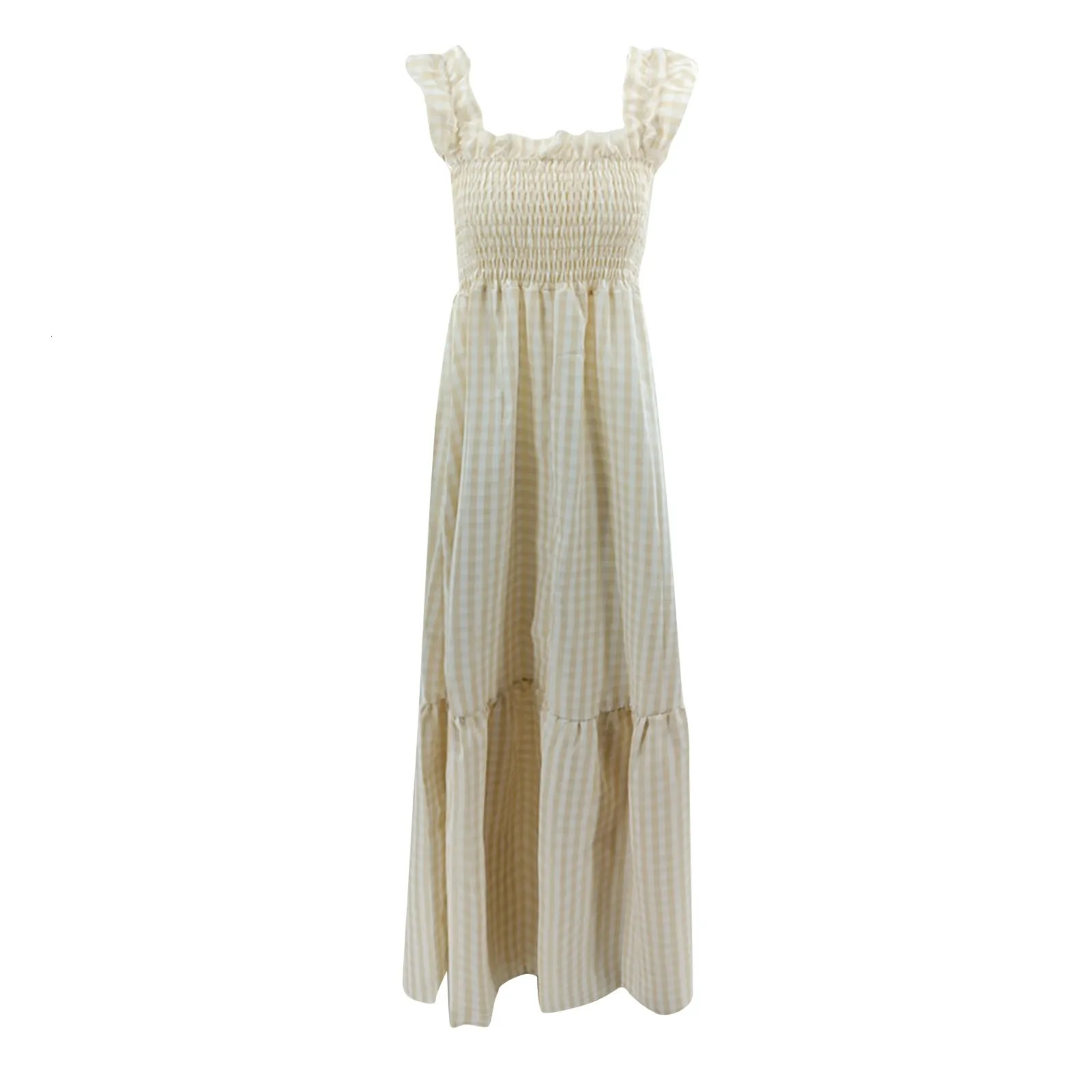 LadieS Dress Summer Sleeveless Crew V Neck Smocked Flowy Tiered A Line Midi Dresses With High Waist Woman Clothing 240419