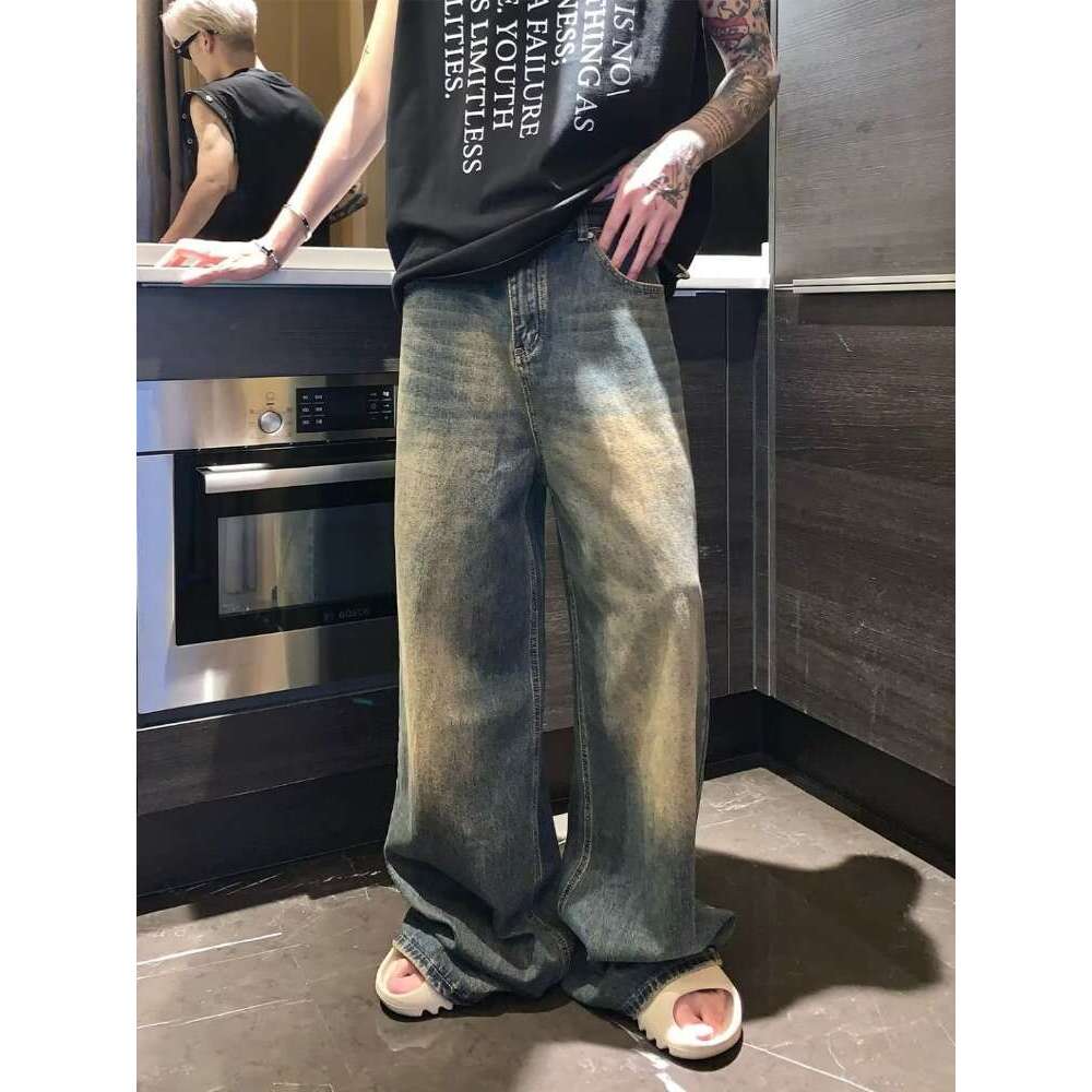 MenBaggy Straight Jeans Distressed Blue Fashion Youth Streetwear Denim Pants Personality Hip Hop Male Trousers Trendy Brand