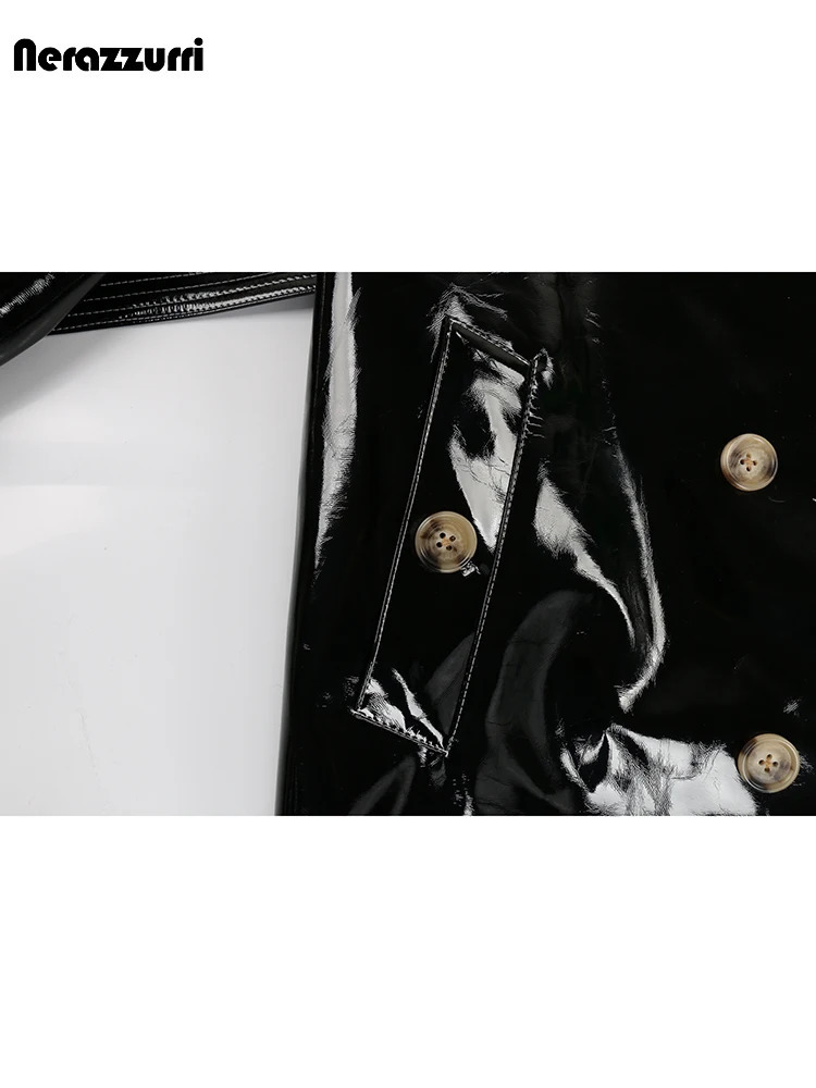 Nerazzurri Autumn Long Shiny Black Red Patent Pu Leather Trench Coat for Women Belt Double Breasted Clothes 2023 241115