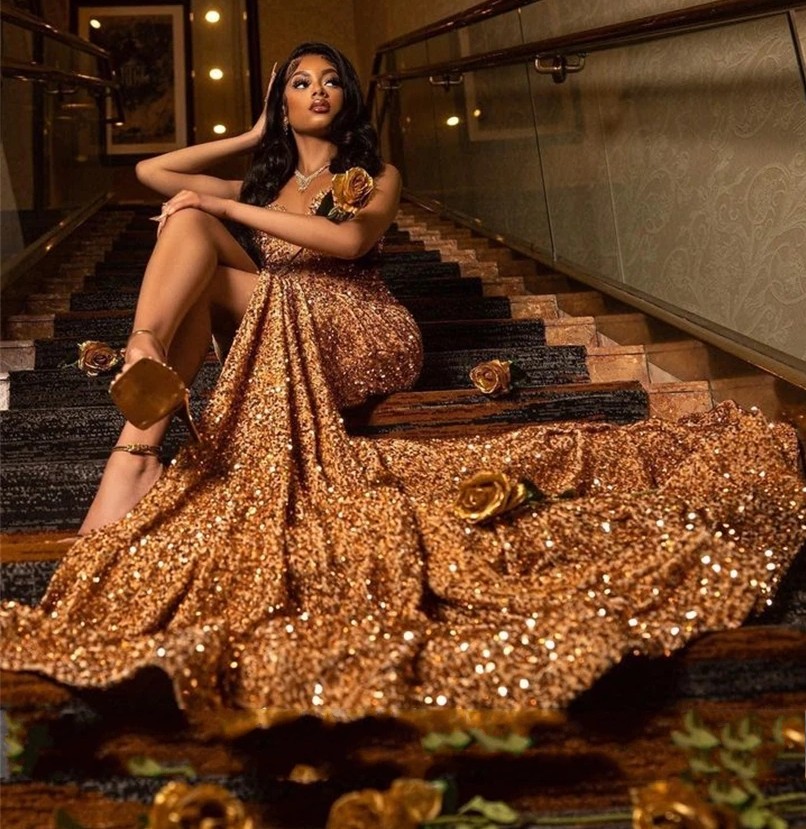 Champagne Sheer O Neck Long Prom Dress For Black Girls 2025 Sparkly Mermaid Birthday Party Dresses High Slit Evening Gowns Robe De Soiree