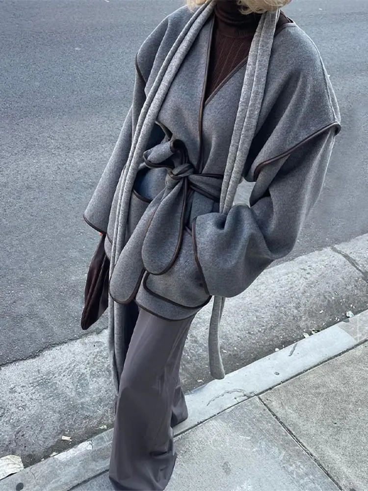 Single breasted Lace Womens Wool Coat Elegant Solid Color Pocket Jacket Autumn Warm Street Coat 241115