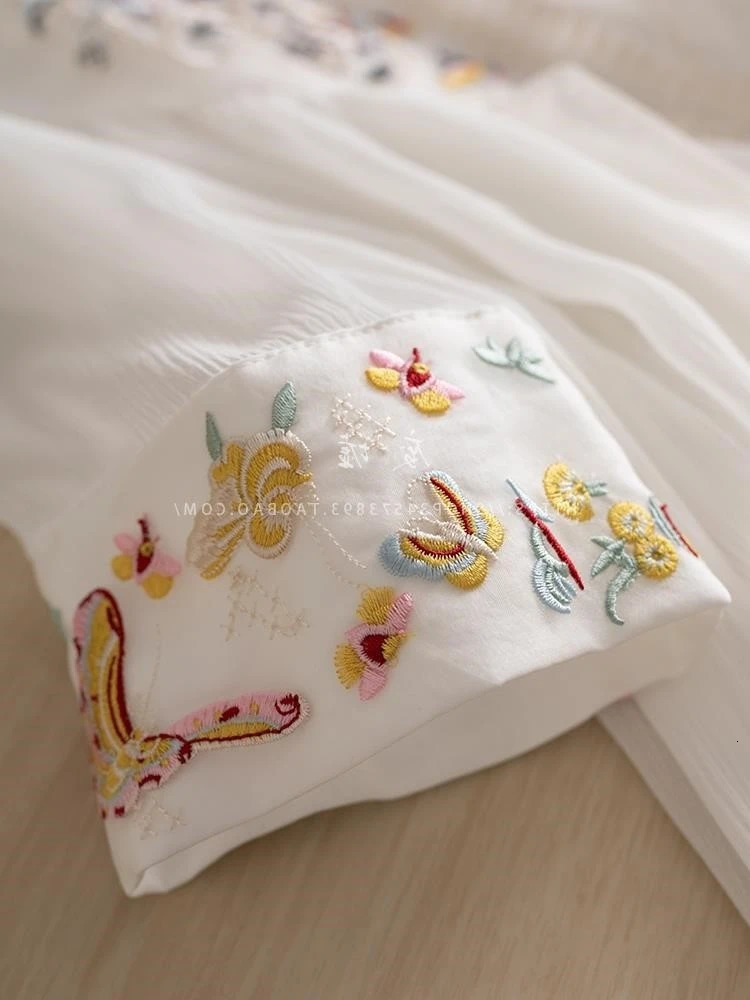 Chinese Style Embroidery Chiffon Dress National Art Chic Women Summer White Loose Casual Ethereal Pleated Long Dresses 240415