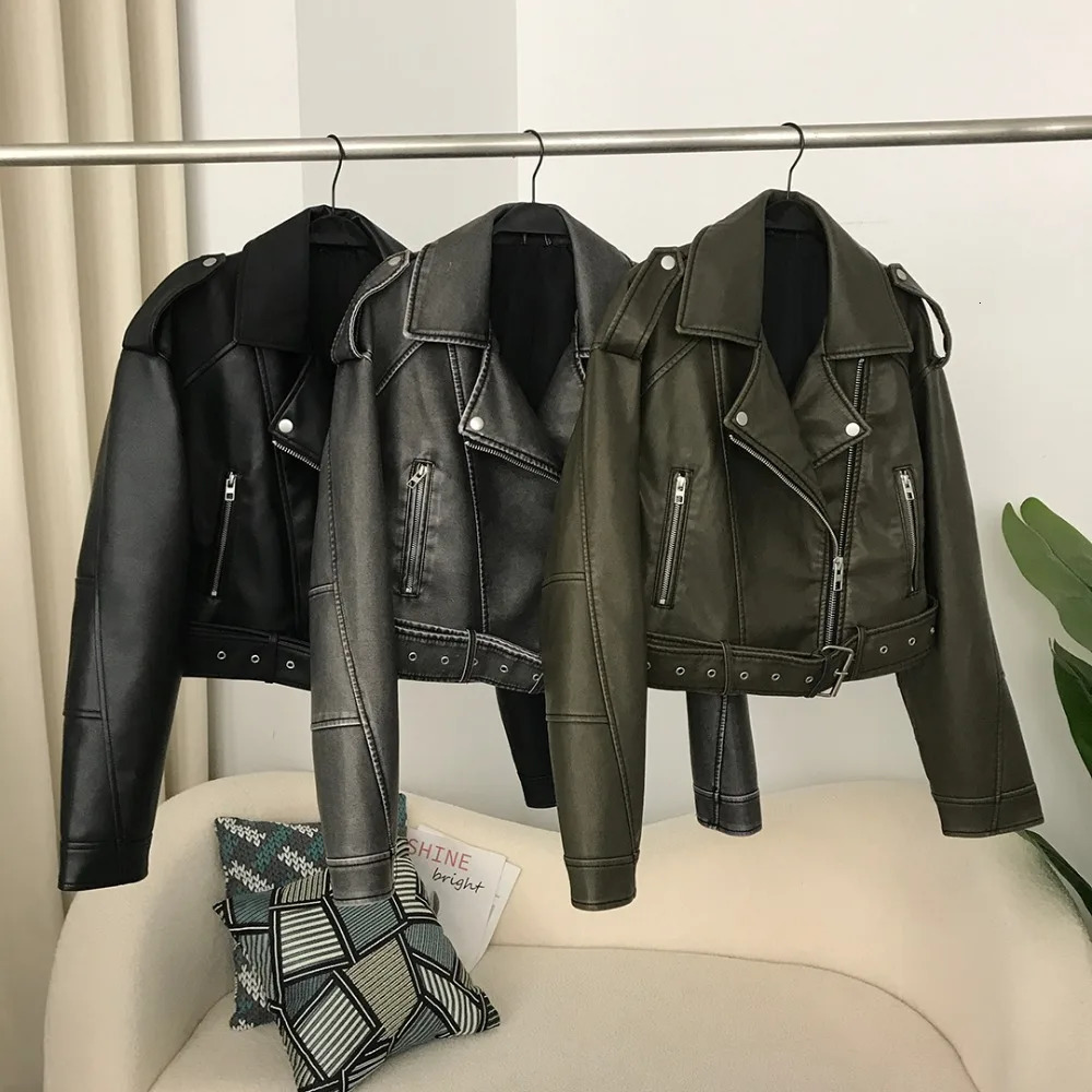 Spring Woman Faux Leather Jacket Chic Vintage American street wear Short Lapel Zipper Belt Biker Coats Fashion Streetwear 241115