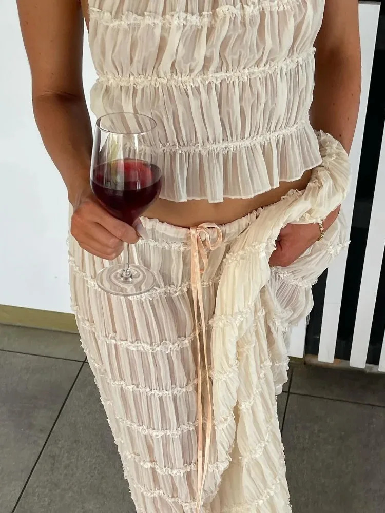 Elegant Skirt Women Sexy Backless Hang Neck Long Skirts Female Summer Fold Solid Fashion Chic Sand Sling Set 2 Pieces Lady 240415